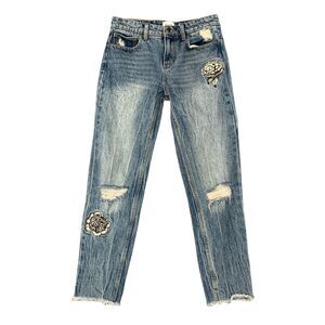 RVCA Jean Women 25 Indigo Worn Kewl Kid Anp Denim Boyfriend Embroidered Rip Knee